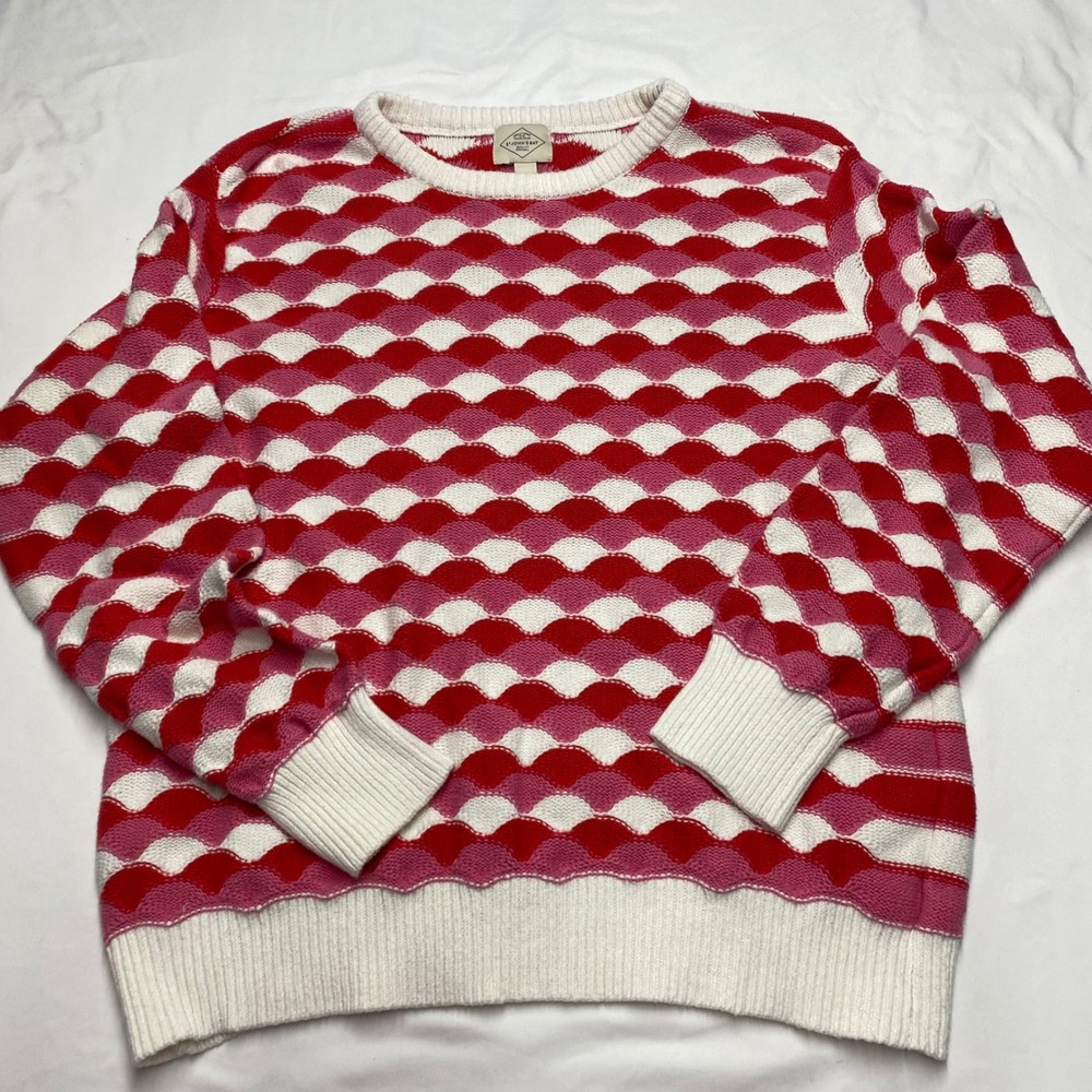 St Johns Bay Womens XL Red Pink White Scalloped Wave Knit Crew Neck Sweater
